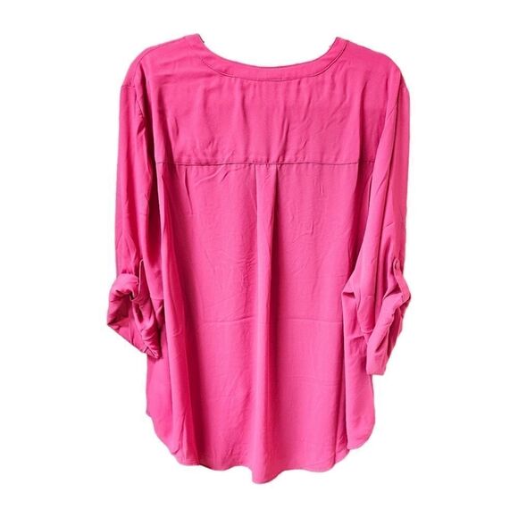 3XTORRID Plus Size Harper Georgette Pink Peacock Pullover 3/4 Sleeve Blouse - Picture 12 of 16
